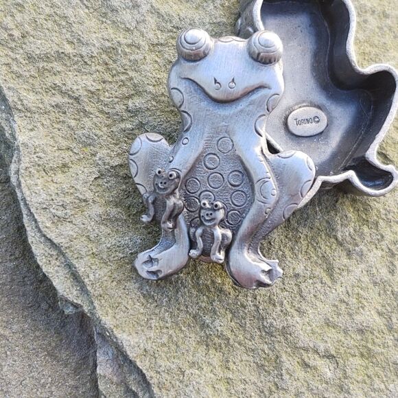 VTG Torino Pewter Frog Earrings Brooch Jewelry Trinket Box - Picture 8 of 10